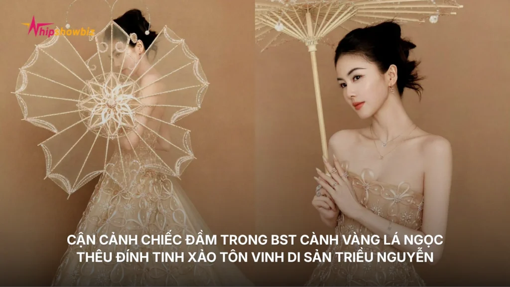 Cận cảnh chiếc đầm trong BST Cành vàng lá ngọc thêu đính tinh xảo tôn vinh di sản triều Nguyễn
