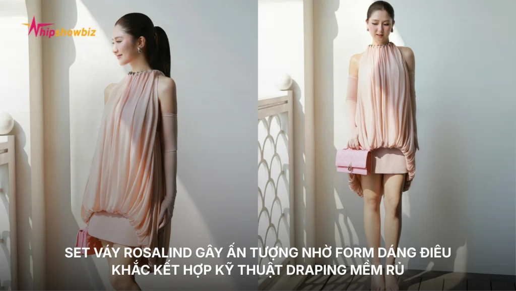 Set váy Rosalind gây ấn tượng nhờ phom dáng điêu khắc kết hợp kỹ thuật draping mềm rủ