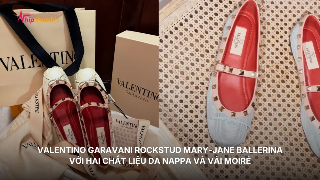 Valentino Garavani Rockstud Mary-Jane Ballerina với hai chất liệu da nappa và vải moiré
